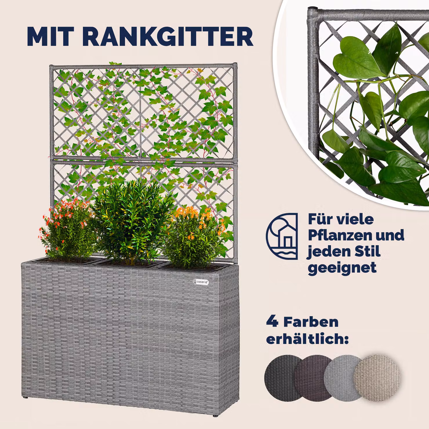 Fioriera con traliccio CASARIA in polyrattan grigio con struttura in acciaio e plastica – 4
