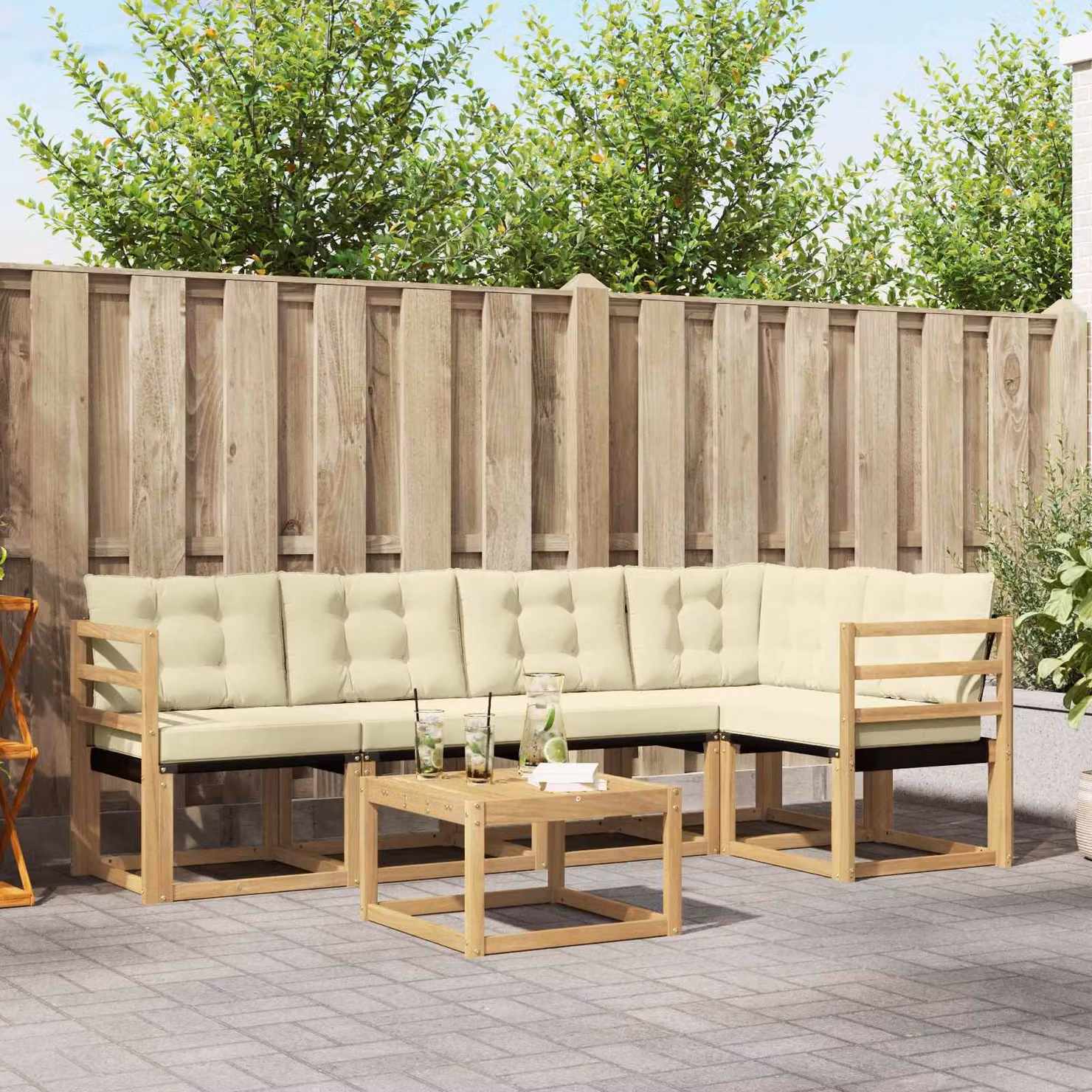 Set di divani da esterno vidaXL a forma di L con tavolo da caffè, struttura in legno di acacia e sedute in tessuto textilene, colori bianco, beige e marrone
