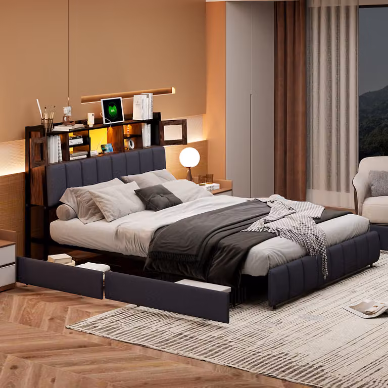 CDGlobal letto imbottito 140x200cm con USB e prese, letto per ragazzi letto matrimoniale con 4 cassetti, letto contenitore letto in legno massiccio con LED/tipo C e rete a doghe, lino, nero