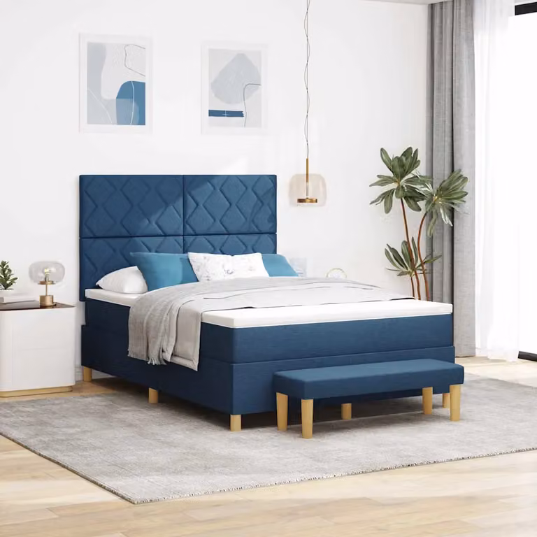 Letto a molle con testiera vidaXL in tessuto blu L/P/H: 200 x 140 x 128 cm