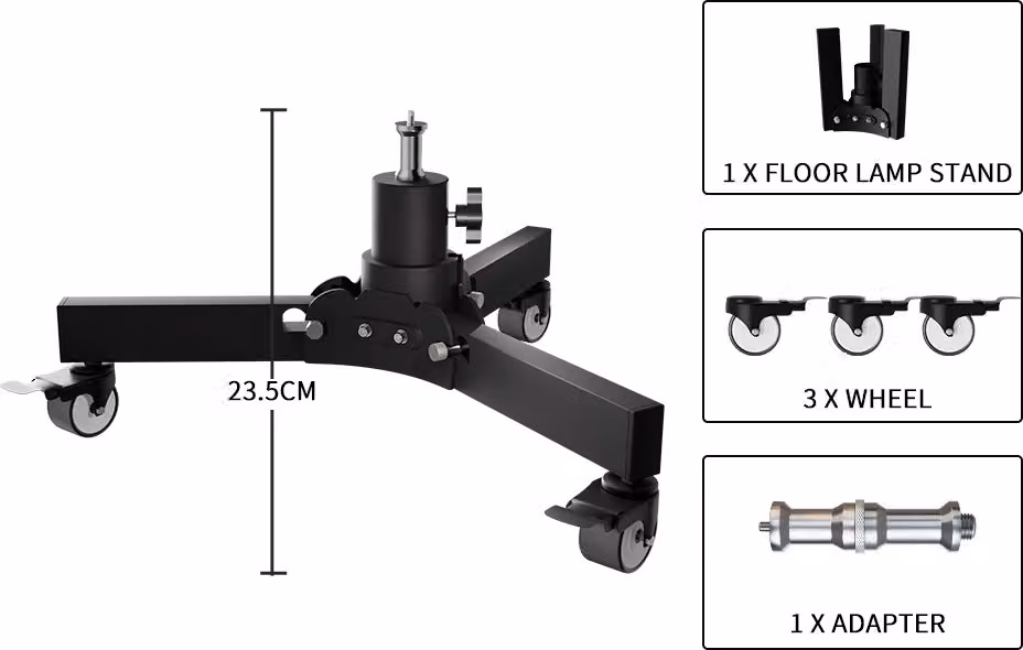 Lampada da terra con piedistallo, altezza regolabile a 125 cm, inclusa base con 3 ruote