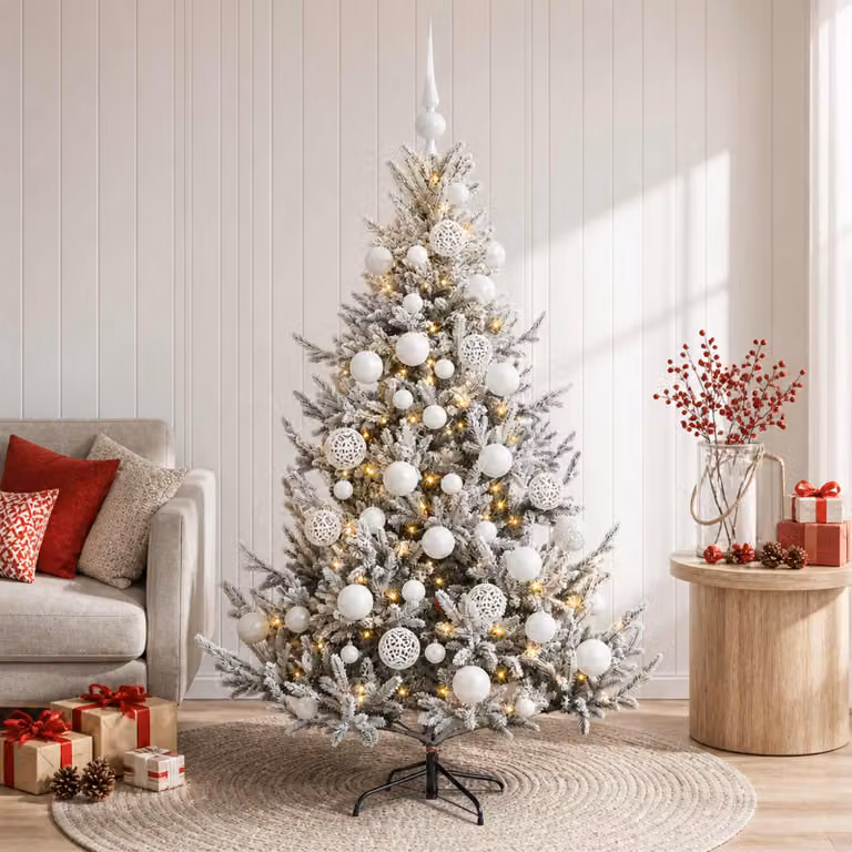 Albero di Natale artificiale moderno vidaXL verde con 150 LED bianco caldo e decorazioni bianche, Altezza: 120 cm