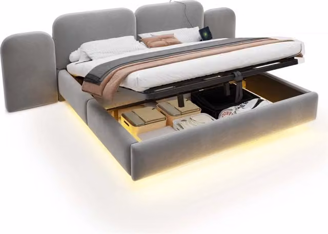 Letto matrimoniale 180 × 200 cm con contenitore idraulico, LED regolabile, USB e Type-C, senza materasso, grigio