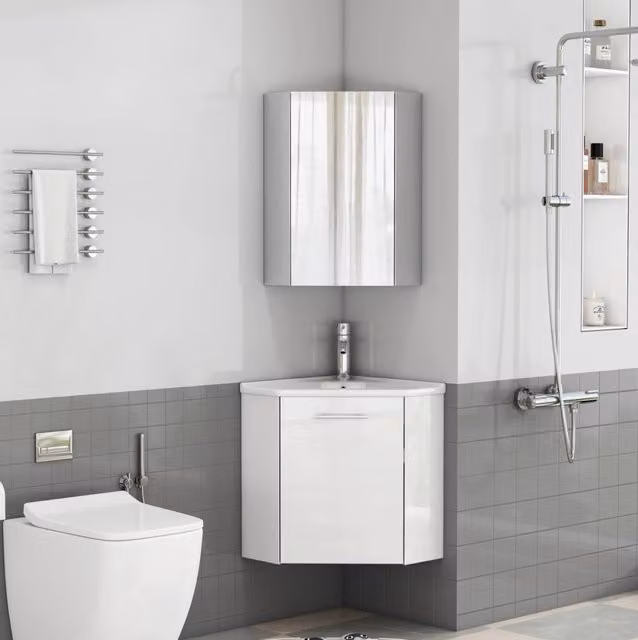 Set bagno angolare completo con mobile lavabo e specchiera bianca, lavabo in ceramica con paraspruzzi, cerniere ammortizzate, montaggio a parete, pronto all’uso