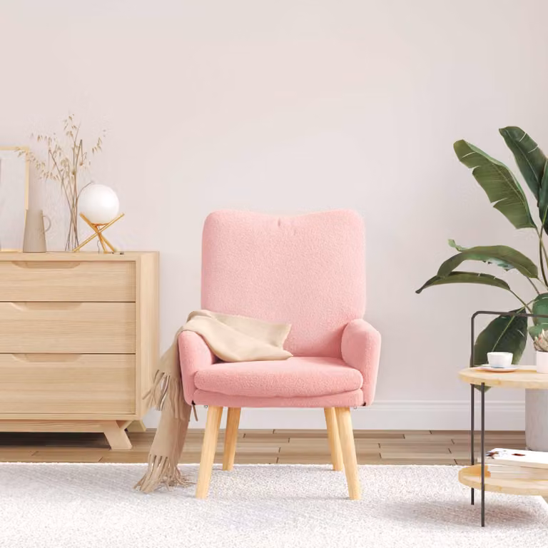 Poltrona lounge moderna vidaXL in tessuto bouclé rosa con struttura in legno e braccioli L/P/H: 63 x 41 x 94 cm