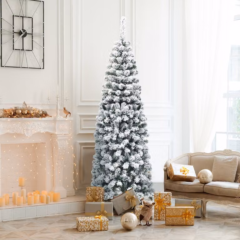 Albero di Natale Costway slanciato, Abete artificiale innevato bianco e verde, Altezza: 180 cm