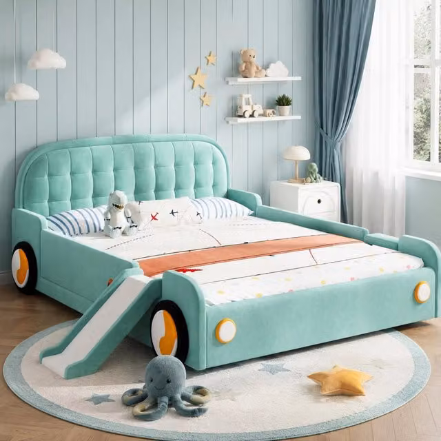 Letto per bambini a forma di auto 140x200 cm con scivolo e scala in velluto blu-verde HAVRYA