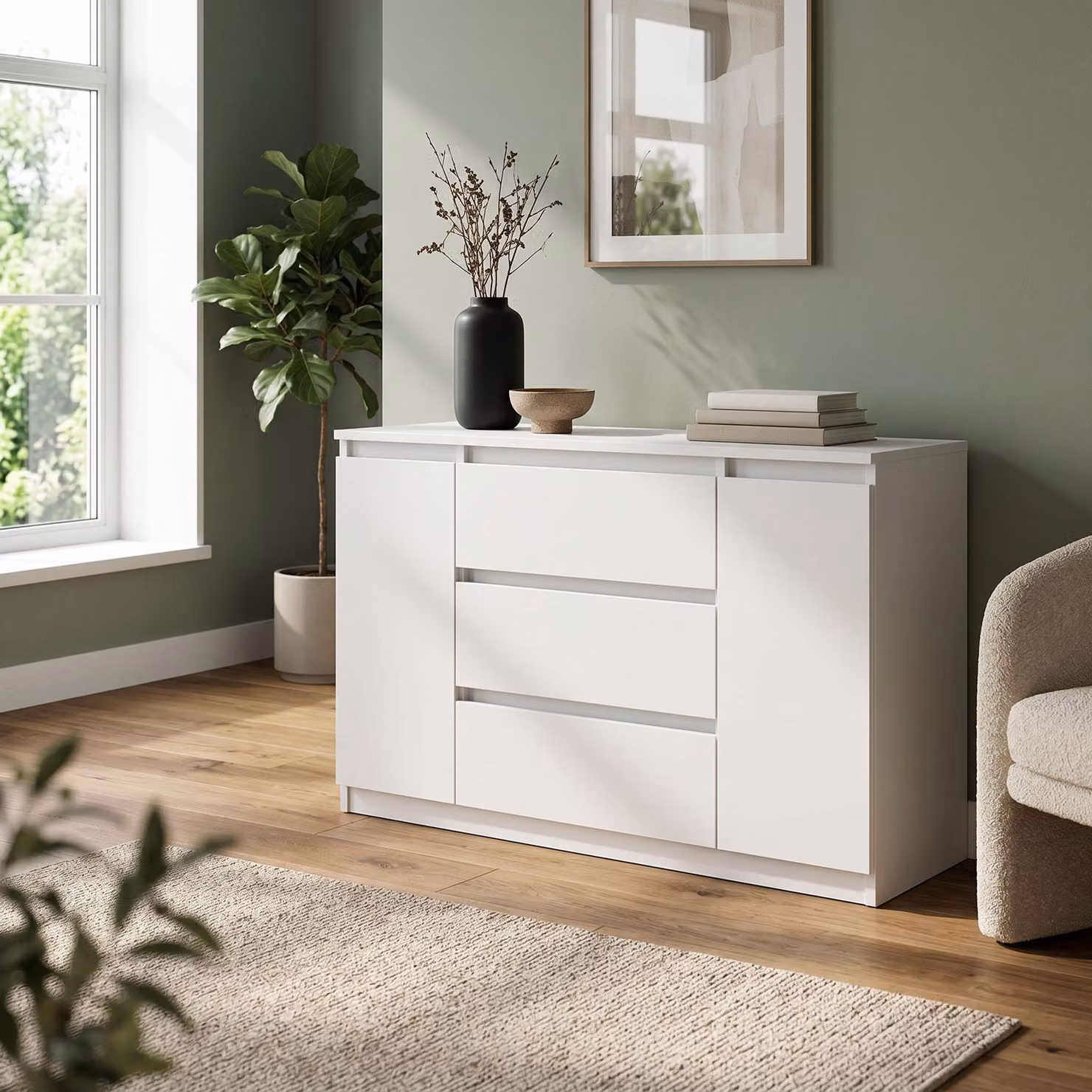 Comodà Masseno NUDO da 138,5 cm con 3 cassetti e 2 ante per soggiorno e camera da letto, stile moderno, 138,5 x 39 x 78,2 cm, bianco / bianco