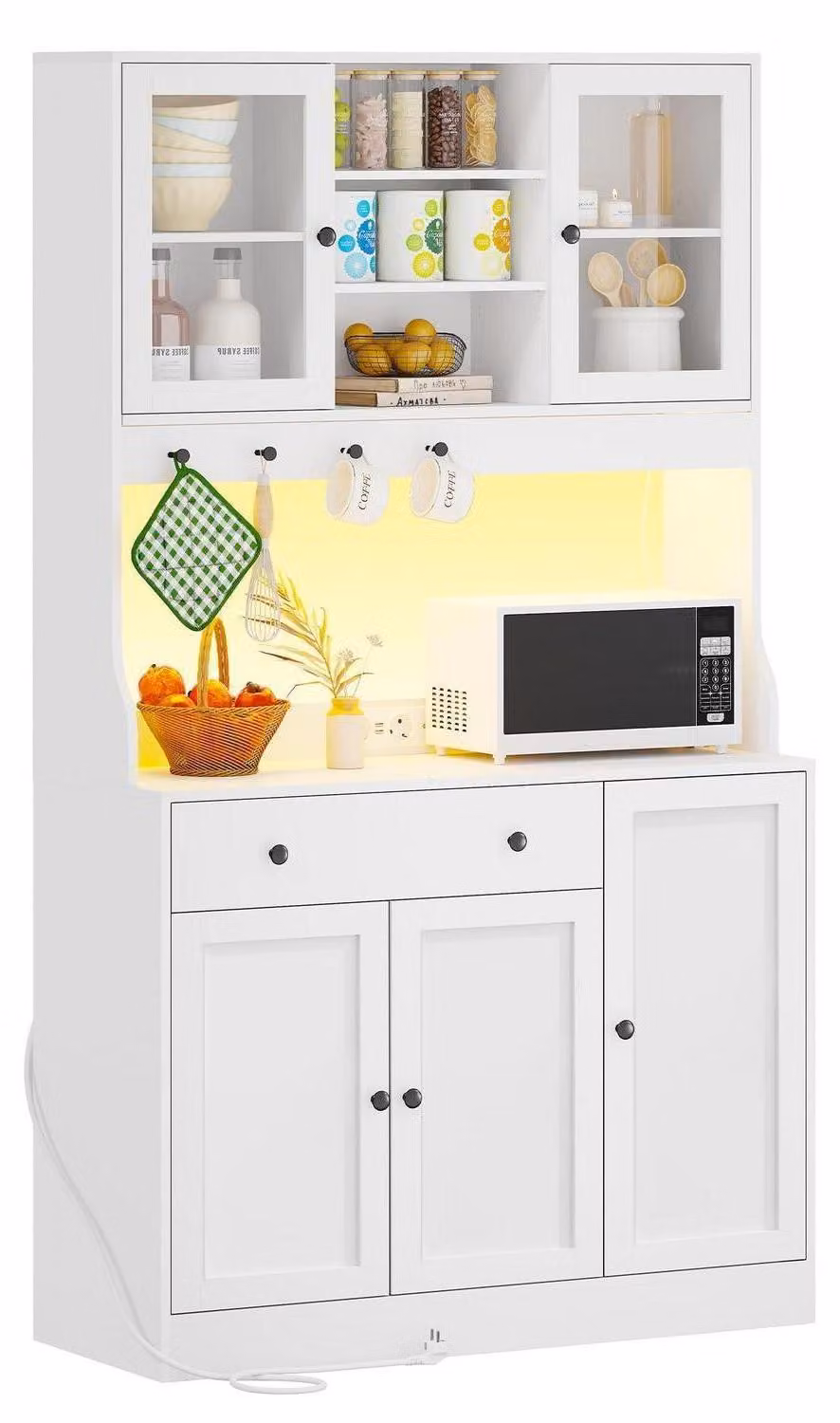 Mobiletto da cucina, credenza laterale con illuminazione LED e presa di corrente, 103,5 x 40 x 180 cm, bianco