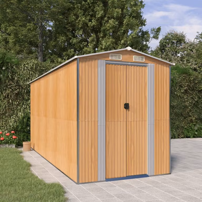 Capanno da giardino vidaXL in acciaio zincato marrone chiaro con porte scorrevoli e ventilazione laterale L: 440 cm, P: 192 cm, H: 223 cm
