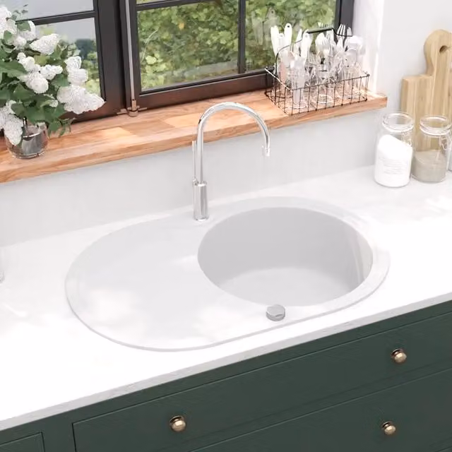 Lavello da Cucina in Granito Vasca Singola-Lavandino-Lavabo Ovale Bianco