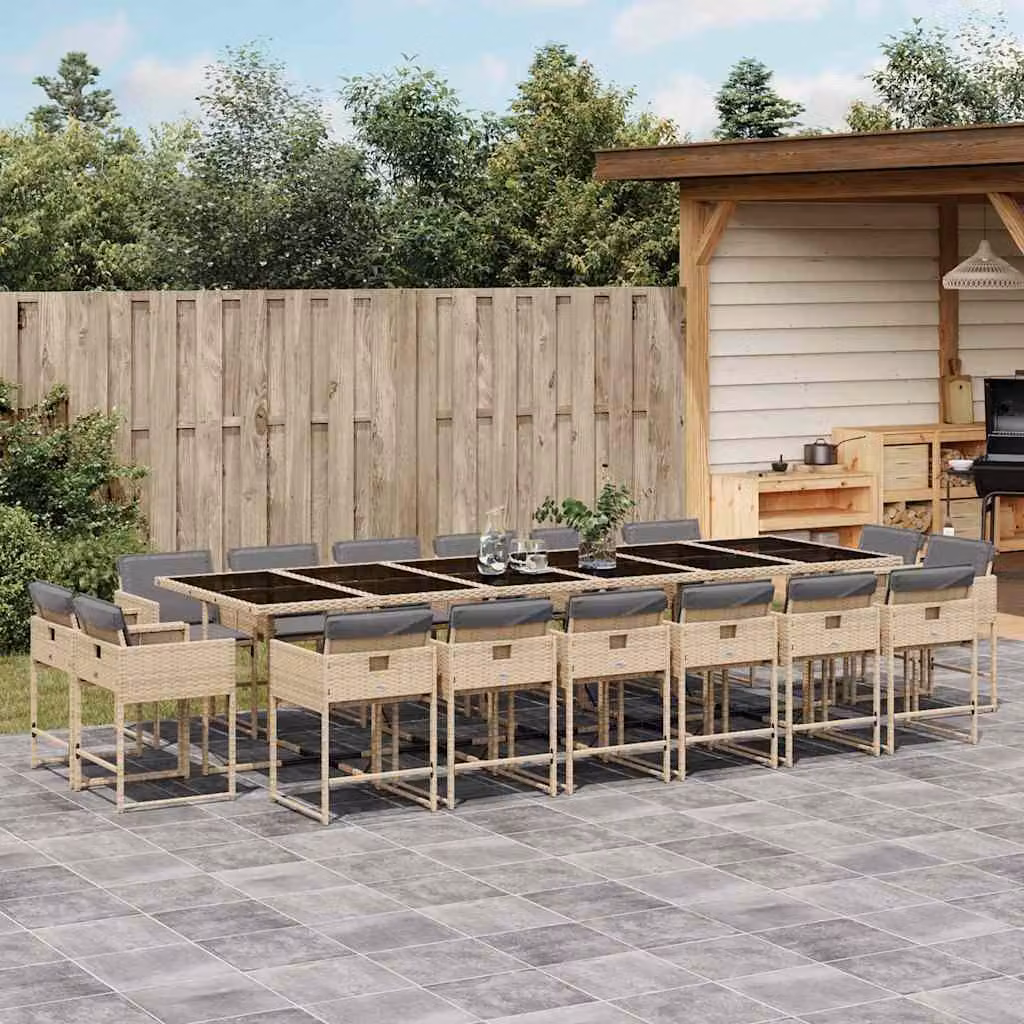 Set Pranzo da Giardino vidaXL 17 pz in Polyrattan con Cuscini Beige e Grigio e Tavolo in Vetro – 1