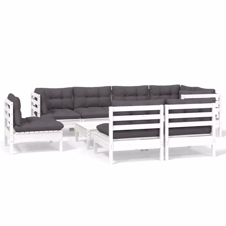 Set Divani da Giardino 9 pz con Cuscini Bianchi Legno di Pino