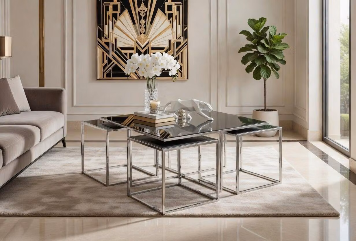 Tavolino da salotto moderno, minimalista, grigio, elegante, di classe e confortevole