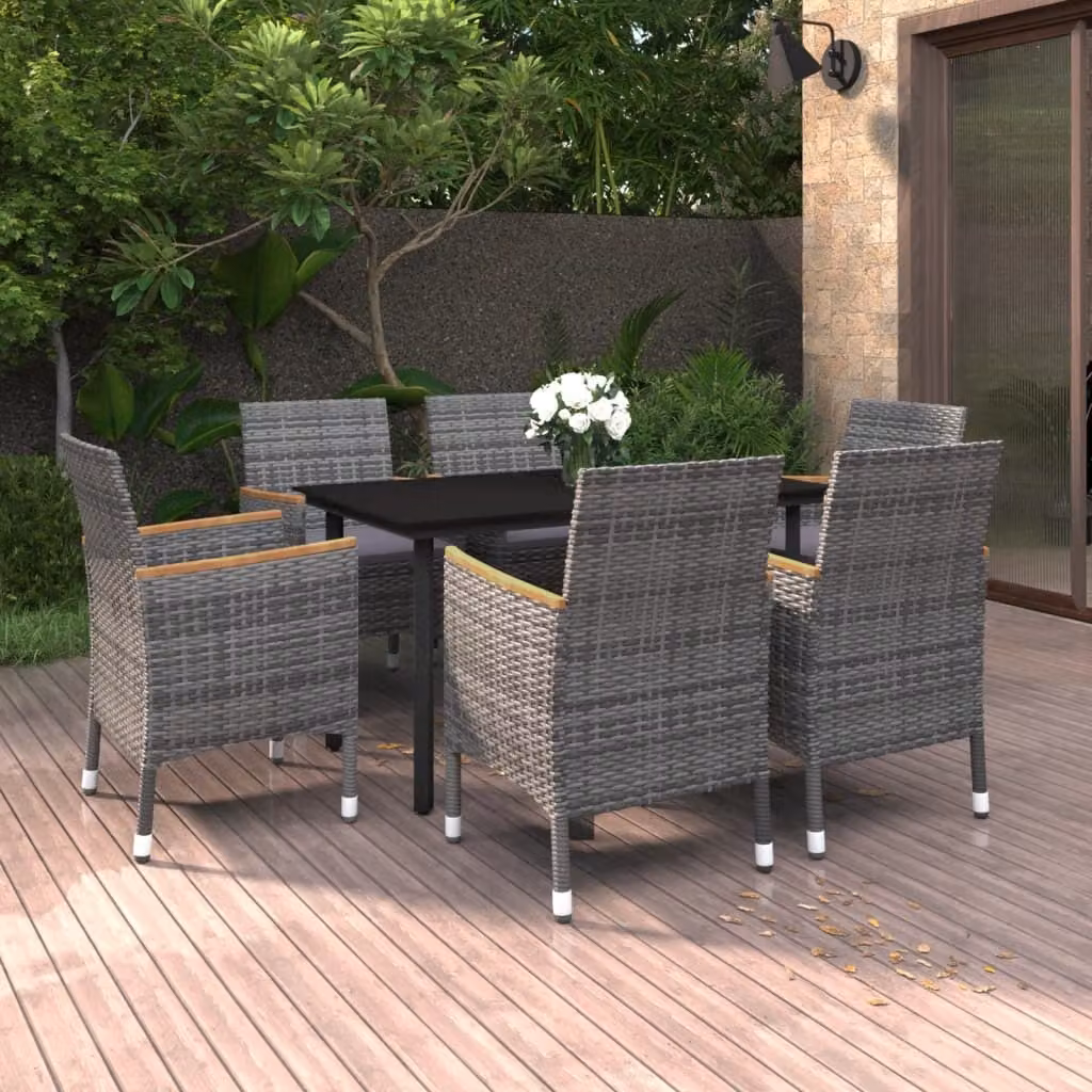 The Living Store Set da pranzo da giardino di 7 pezzi con cuscini in poly rattan e vetro