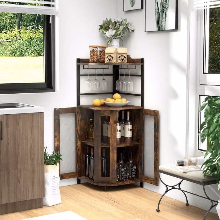 Armadio da bar Costway in stile industrial con ante in vetro e rete metallica, porta vino con portabicchieri e ripiani regolabili, Marrone Scuro