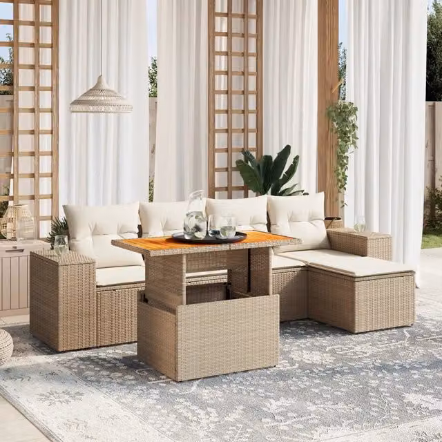 Set Divano da Giardino a L VIDAXL in Polyrattan con Cuscini Beige per 6 Persone – 1