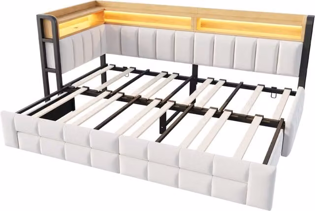 Letto singolo estraibile Chicfurn con 2 cassetti, ripiani, illuminazione LED, porte USB e Type-C, rivestimento in tessuto beige o bianco, L/P/H: 200 x 90 x 51 cm