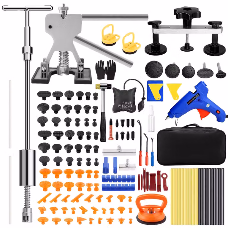 Kit per la riparazione di ammaccature, realizzato in acciaio inossidabile e plastica resistente, compatibile con diversi modelli, design con maniglia a "T" per una presa salda, adesivo resistente al calore, efficace contro ammaccature e avvallamenti