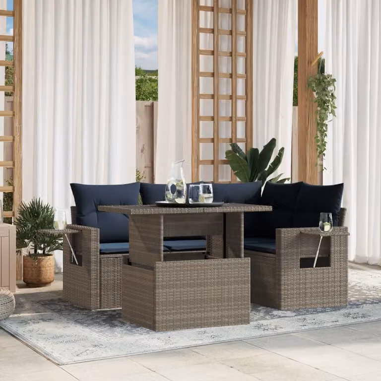 Set di divani da giardino vidaXL in polyrattan grigio con cuscini e tavolino da esterno a forma di L