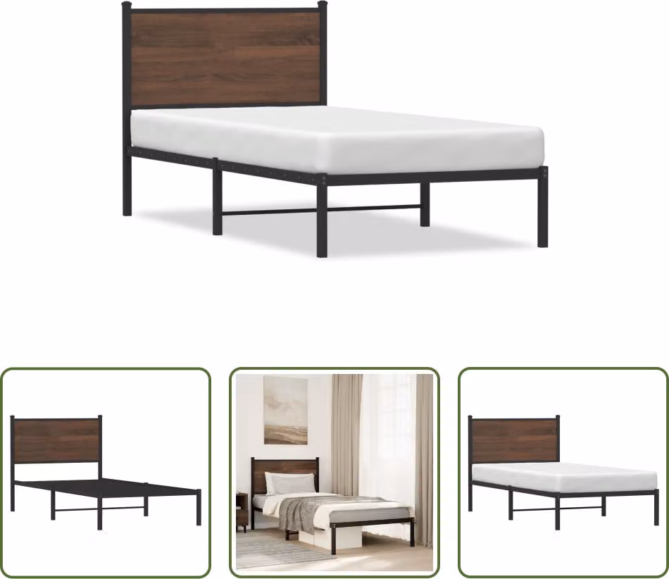The Living Store Struttura letto con testiera in metallo effetto rovere marrone 75x190 cm