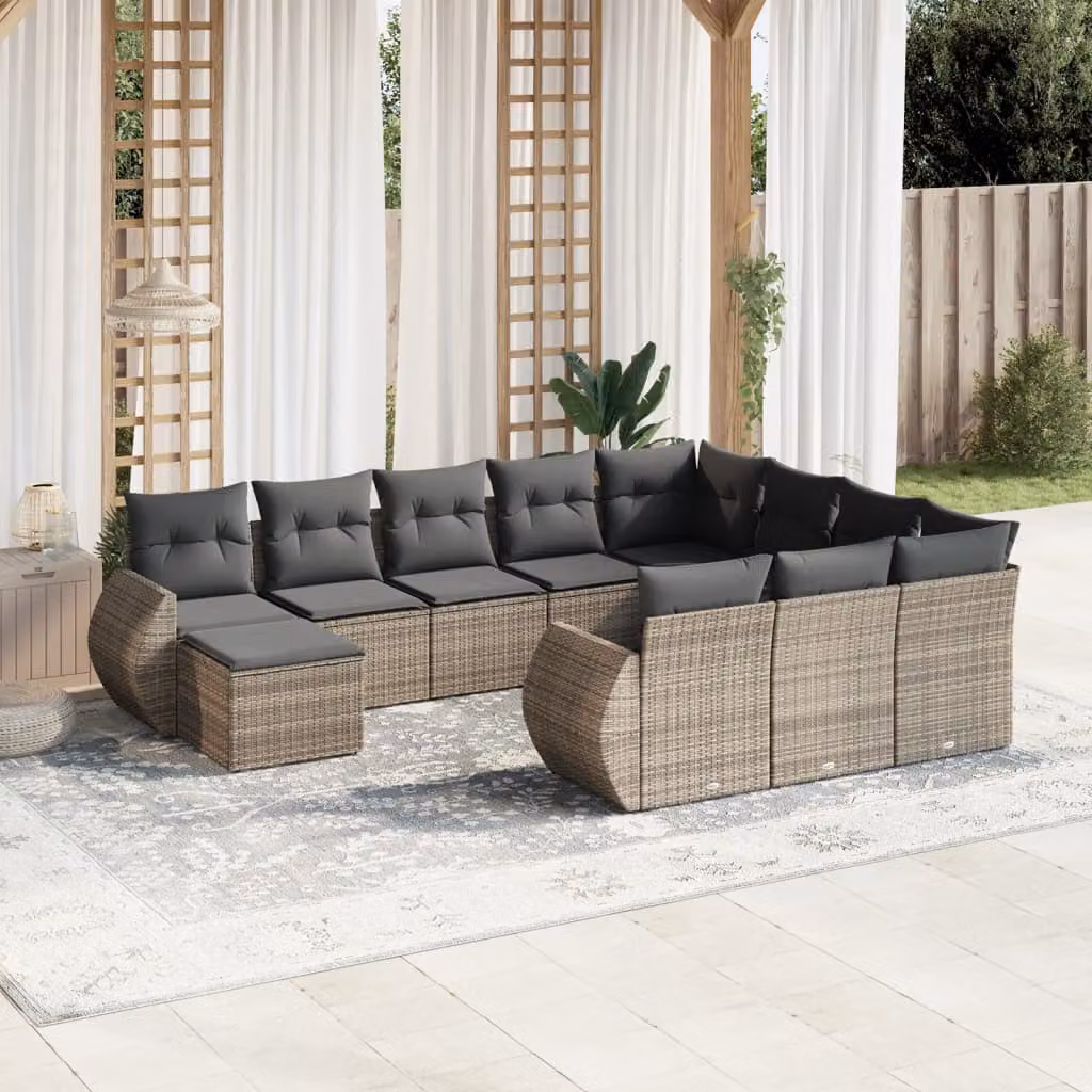 Set di divani da giardino vidaXL in polyrattan grigio con cuscini, 11 pezzi, design a forma di U con tavolino e sedute imbottite – 1