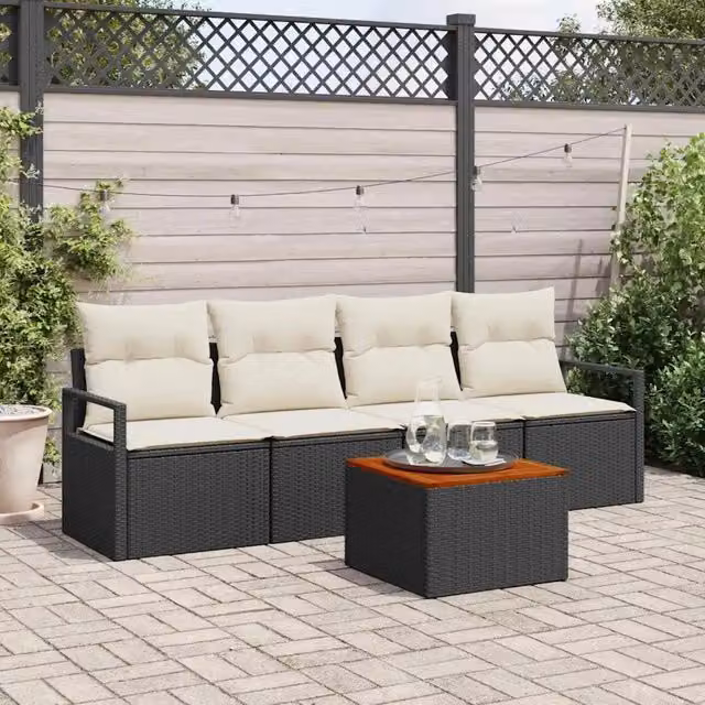 Set Divano da Giardino con cuscino 5 pz-Sofa da Giardino-Divanetto da esterno Nero polyrattan 700569