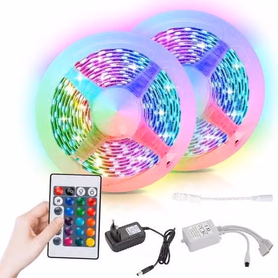 Strisce LED 5050 RGB da 10 metri - 2x5 metri - 24 tasti - Dimmerabili - Autoadesive - Telecomando - Illuminazione d'atmosfera per soggiorno, camera da letto e postazioni da gioco