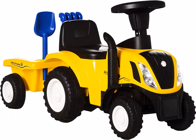 Trattore Cavalcabile per Bambini HOMCOM con Rimorchio, Rastrello e Pala, Gioco Educativo Giallo, L: 91 cm, P: 29 cm, H: 44 cm