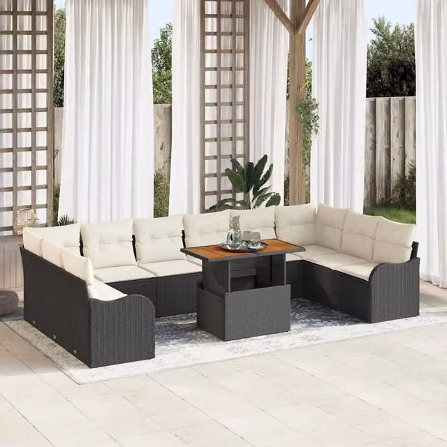 Set Divano da Giardino vidaXL 11 Pezzi a Forma di L con Cuscini Nero e Beige – 1