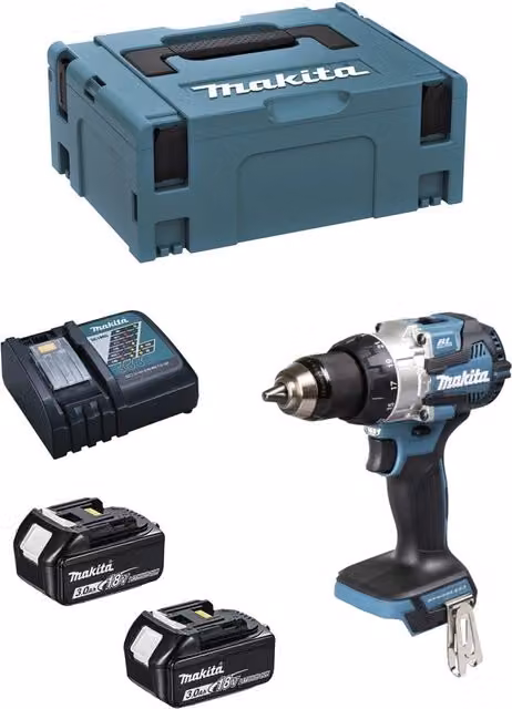 Trapano Avvitatore Makita LXT DDF489RFJ Blu con 2 batterie da 3,0 Ah, caricabatterie DC18RC e sistema MAKPAC 2