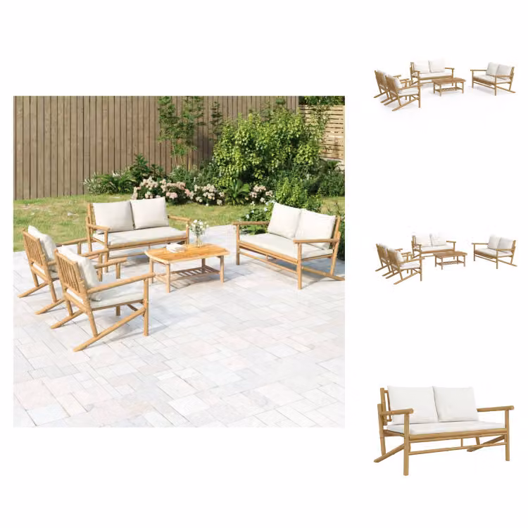 vidaXL Set di 5 pezzi per salotto da giardino con cuscini in bambù bianco crema - Set di mobili da giardino