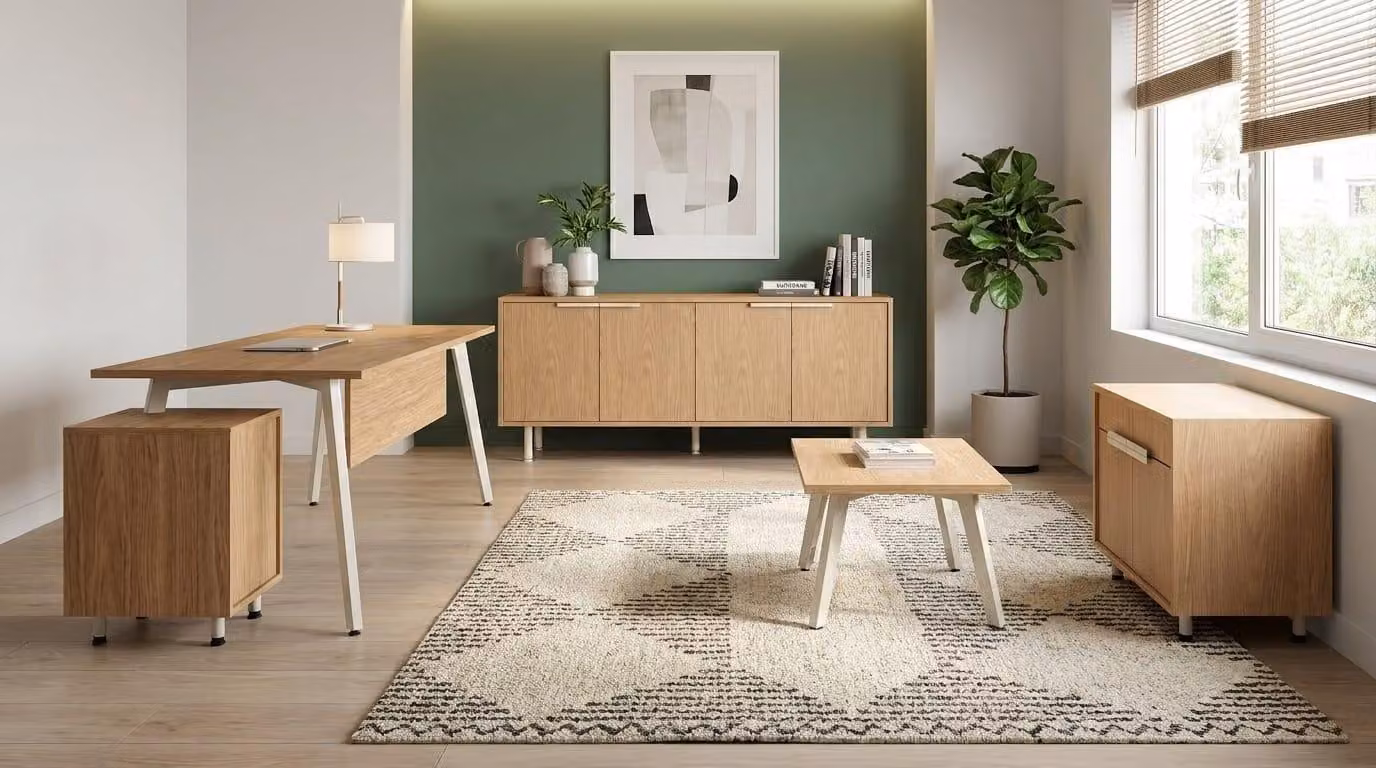 Set di mobili di alta qualità: scrivania, mobile contenitore, cassettiera, tavolino da caffè, design moderno