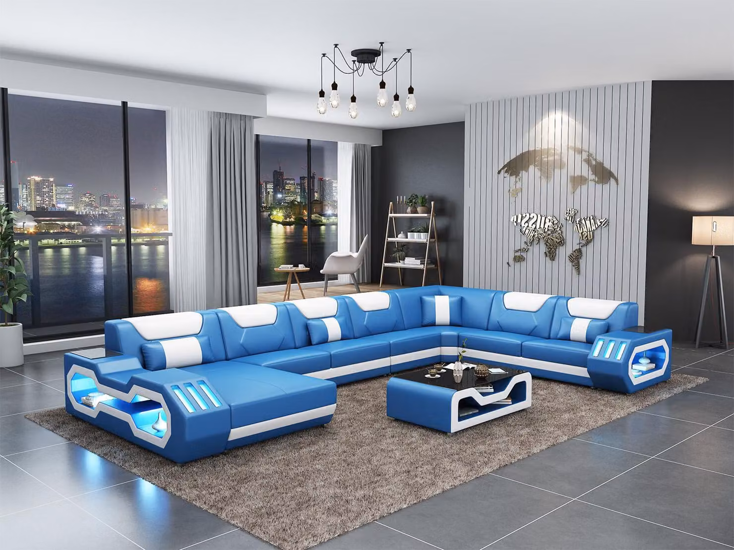 Ecksofa U-Form Couchtisch Couch Design Grau Polster Leder Modern Wohnlandschaft