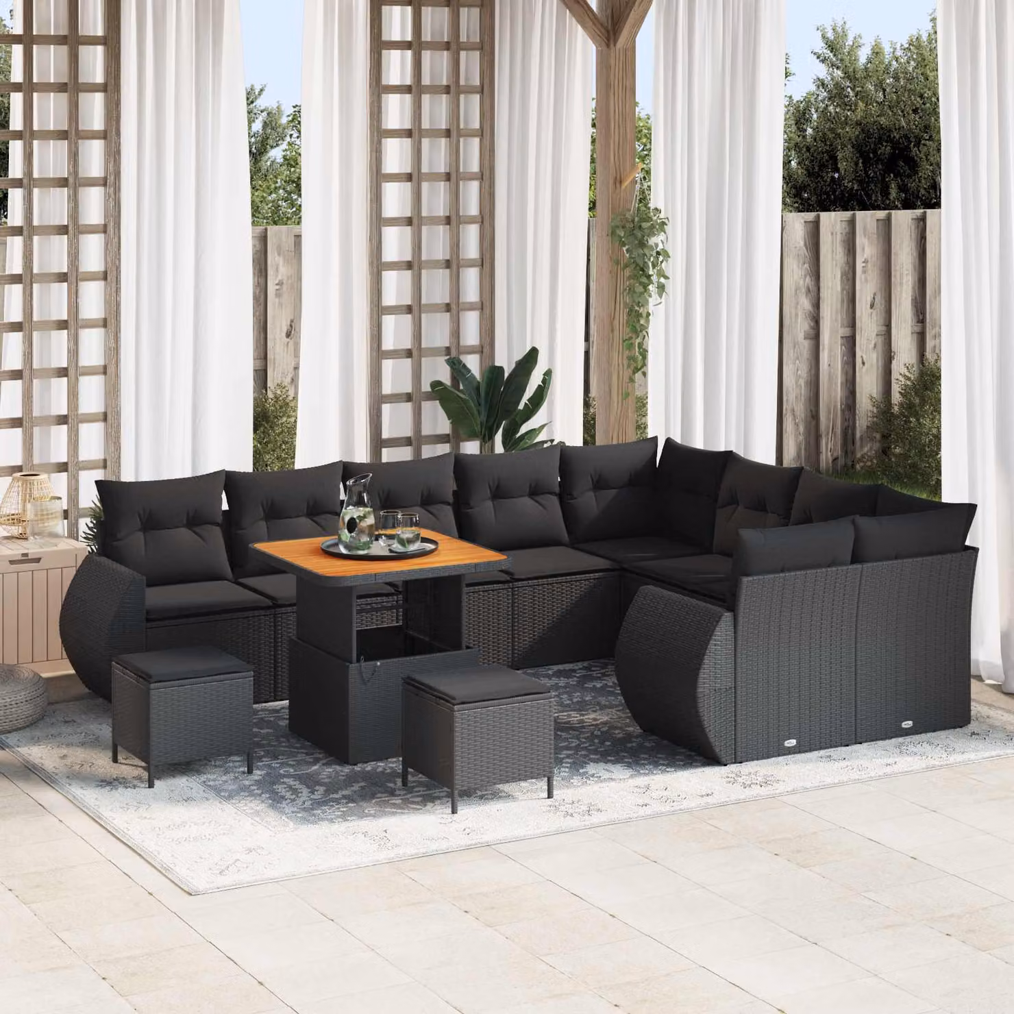 Set Divano da Giardino Moderno vidaXL in Polyrattan Nero con Cuscini e Tavolino da 12 Pezzi – 1