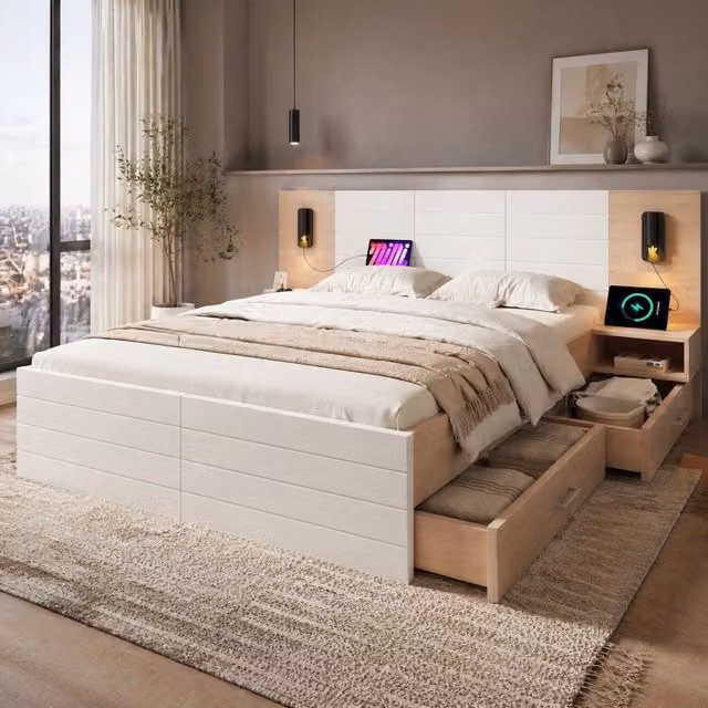 Letto matrimoniale 180x200 cm con 2 cassetti e 2 comodini; luce da lettura 360° e USB; bianco/rovere