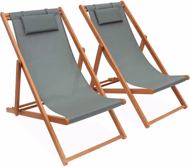 Set di 2 sedie sdraio Sweeek in legno trattato con tessuto textilene e poggiatesta regolabile, verde