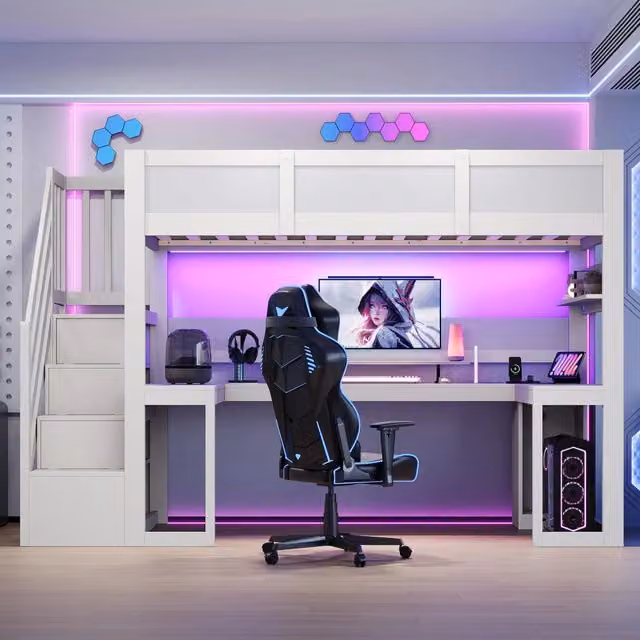 Letto a soppalco gaming 90x200 cm con scrivania; scala contenitore; LED e USB; MDF e compensato bianco