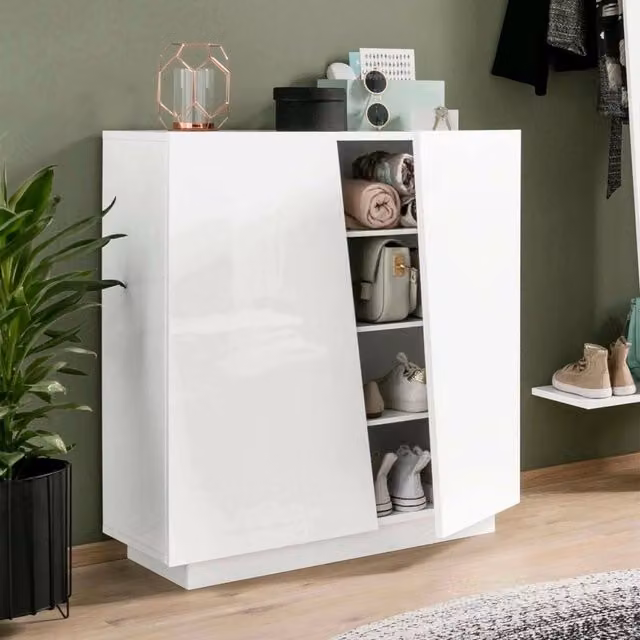 Scarpiera Apetta DMORA, Mobile porta scarpe da ingresso a 2 ante, Bianco lucido, L: 80 cm, P: 38 cm, H: 86 cm