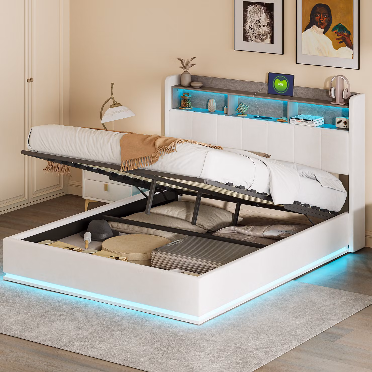 Letto imbottito Fortuna Lai 140x200cm con USB, letto per ragazzi letto matrimoniale con rete a doghe e contenitore, letto contenitore con LED, velluto, beige