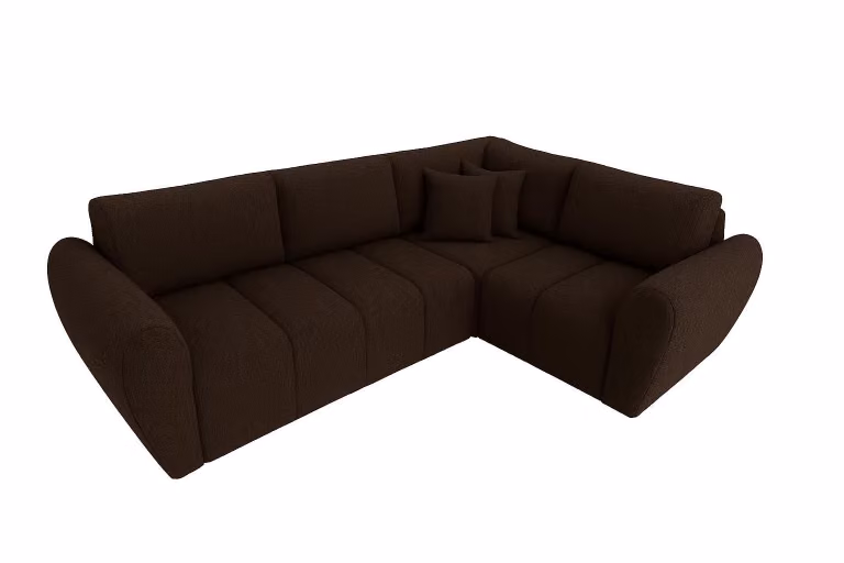 Divano angolare Sofello bilaterale, con funzione letto e contenitore per biancheria, 240x180 cm – Divano moderno in tessuto bouclé marrone, divano letto con spazio contenitivo