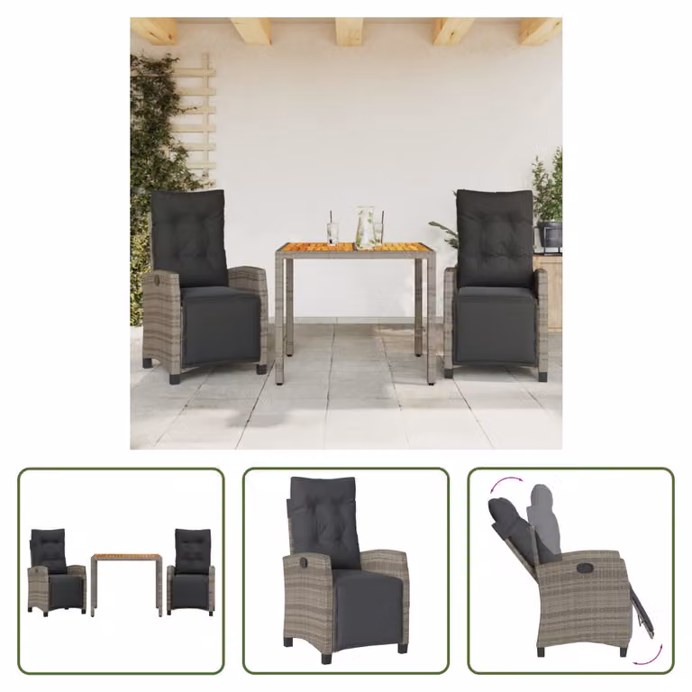 The Living Store Set da pranzo da giardino in 3 pezzi con cuscini in poly rattan grigio