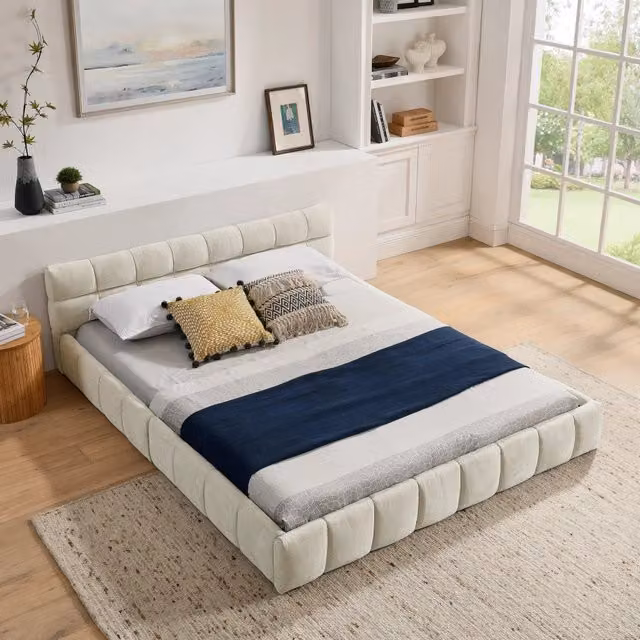 Letto matrimoniale Mivray imbottito in ciniglia beige con trapuntatura geometrica e struttura in legno e ferro L/P: 160 x 200 cm