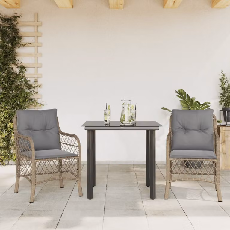Set da Bistrò vidaXL 3 pz in Polyrattan con Cuscini Beige e Piano in Vetro per Giardino e Balcone