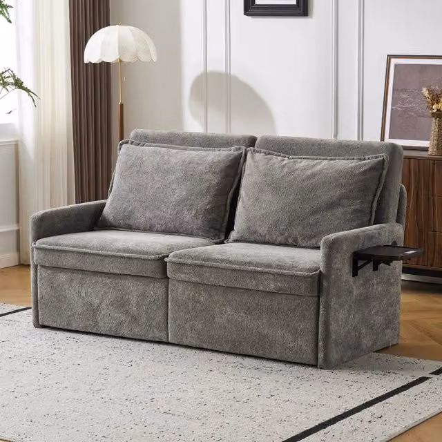 Divano letto con schienale regolabile a 5 posizioni, tasche laterali e porta USB Type-C, in ciniglia grigio