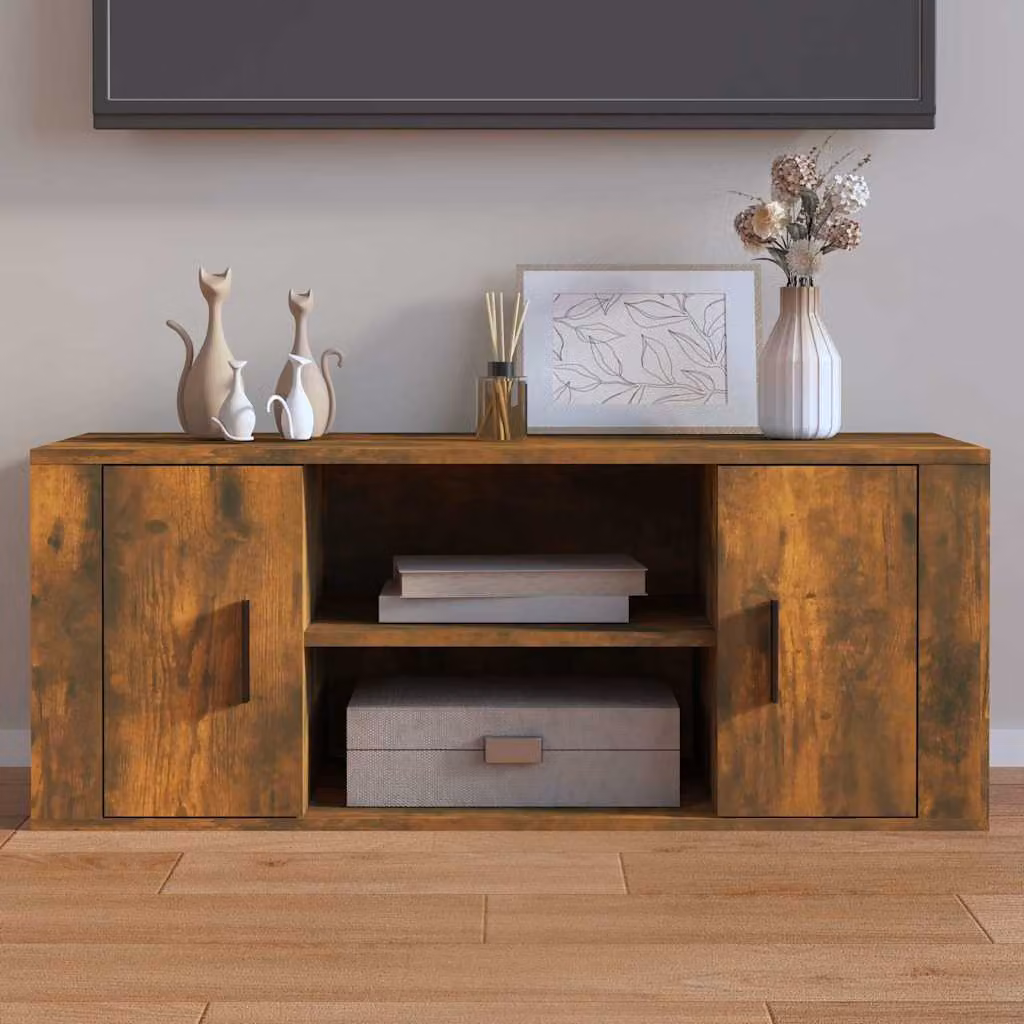Mobile TV vidaXL in legno Rovere Fumo marrone con ruote L 100 cm, P 35 cm, H 40 cm