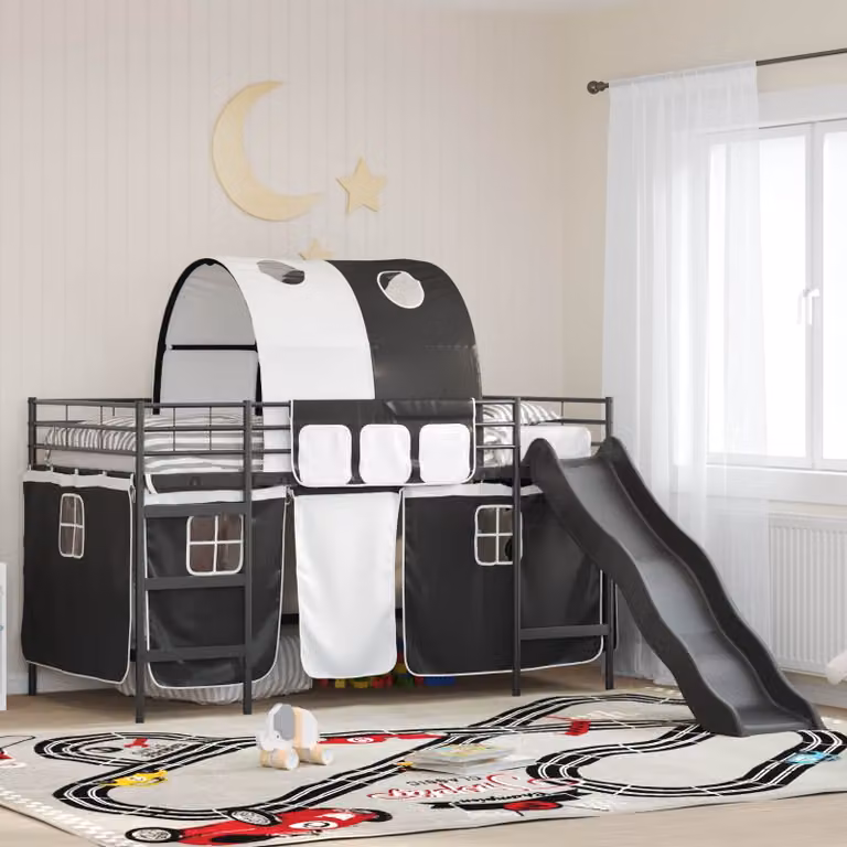 Letto a castello singolo vidaXL per bambini in metallo con struttura a casetta e scala, Nero, L 200 x P 100 x H 205 cm