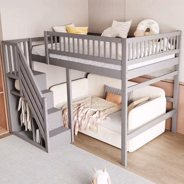 Letto singolo 140x200 cm con scala contenitore; sponde alte e struttura in legno grigia