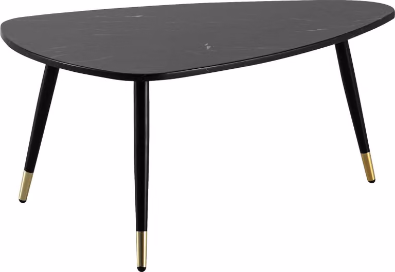 WOHNLING tavolino 90x60x41 cm con aspetto marmo nero tavolino da salotto a tre gambe con struttura in metallo tavolo da divano tavolo triangolare da salotto