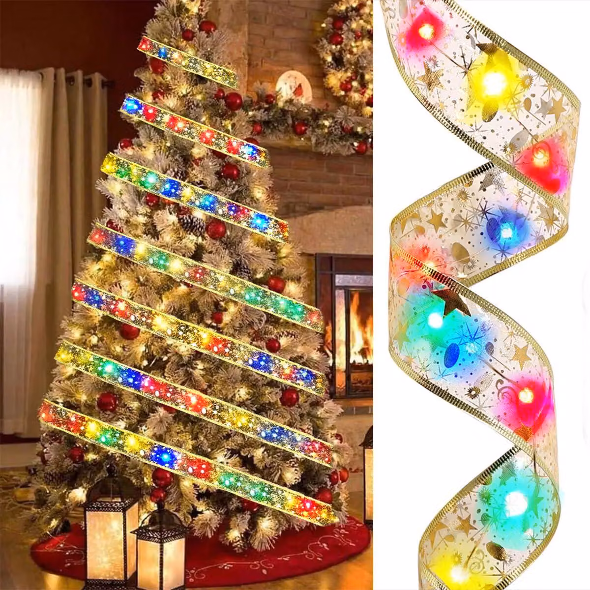 Catena luminosa a LED con nastro, 5 metri, 50 LED gialli caldi, motivo arcobaleno